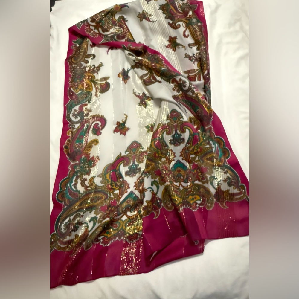 Paisley Scarf with predominantly fushia & white with metallic threads. 64”x15.5”